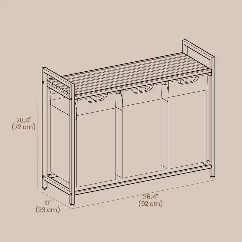 Panier à Linge, Corbeille à Linge, Tri de Linge avec 3 Sacs Amovibles et Coulissants, Étagère, Cadre Métallique, 3 x 38 Litres