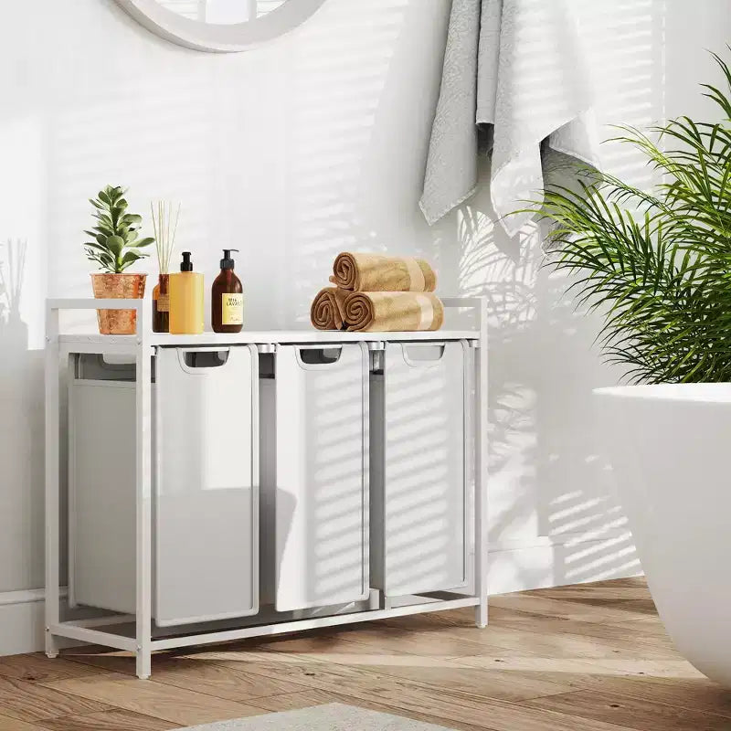 Panier à Linge, Corbeille à Linge, Tri de Linge avec 3 Sacs Amovibles et Coulissants, Étagère, Cadre Métallique, 3 x 38 Litres