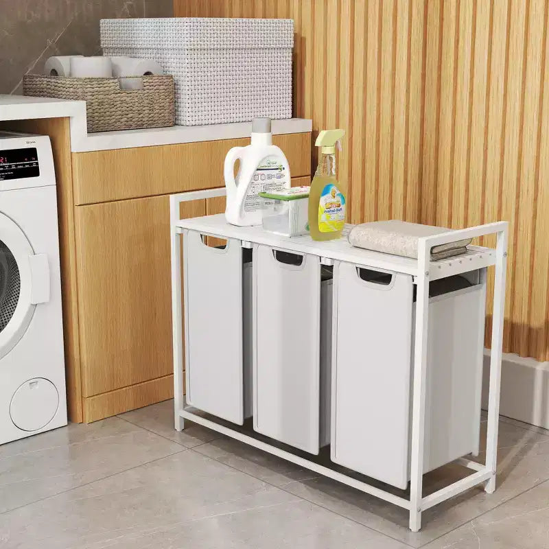 Panier à Linge, Corbeille à Linge, Tri de Linge avec 3 Sacs Amovibles et Coulissants, Étagère, Cadre Métallique, 3 x 38 Litres