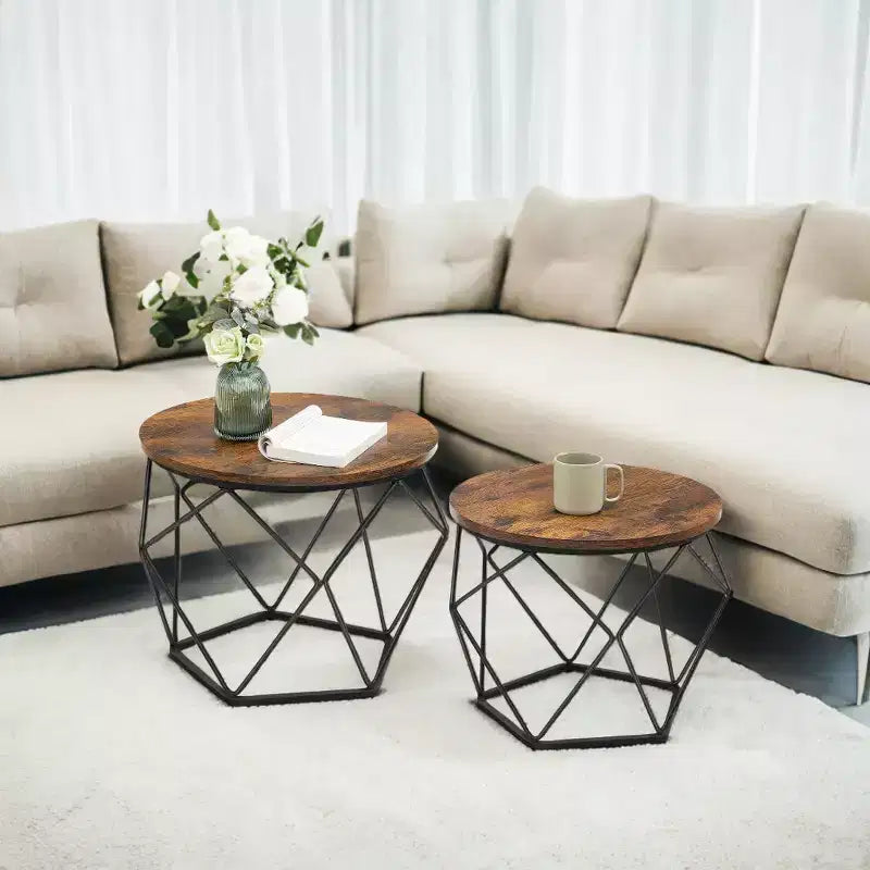 Set of 2 Small Round Coffee Tables with Steel Frame, Side End Tables for Living Room, Bedroom, Office Rustic Brown and Ink Black