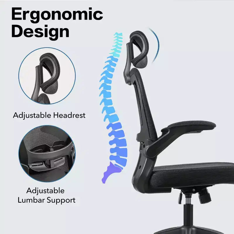 Chaise de Bureau Ergonomique Dossier en Maille Appui-tête Réglable Soutien Lombaire Inclinaison de 90 à 125 Degrés