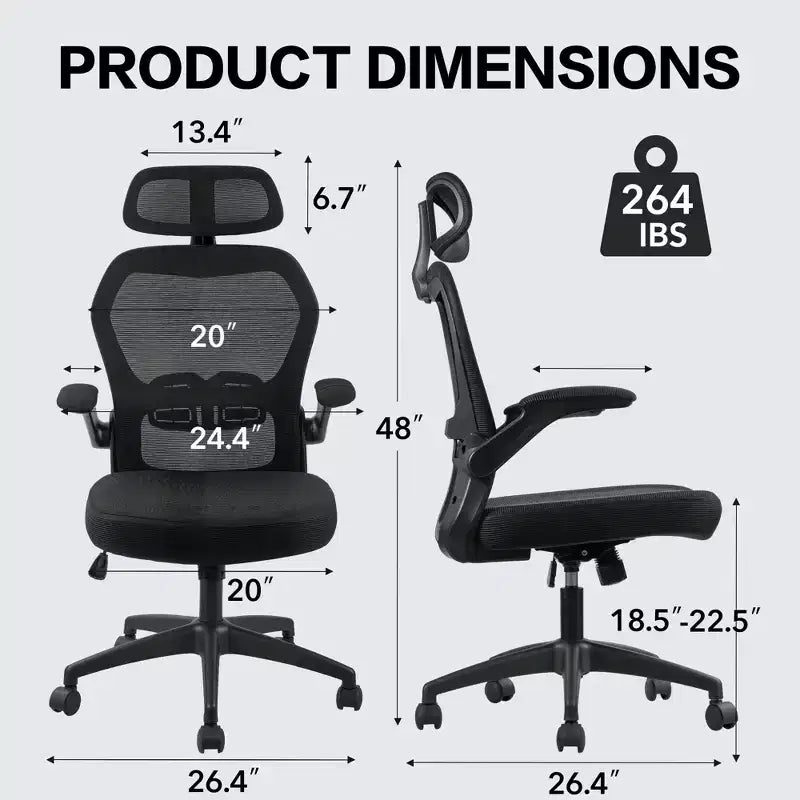 Chaise de Bureau Ergonomique Dossier en Maille Appui-tête Réglable Soutien Lombaire Inclinaison de 90 à 125 Degrés
