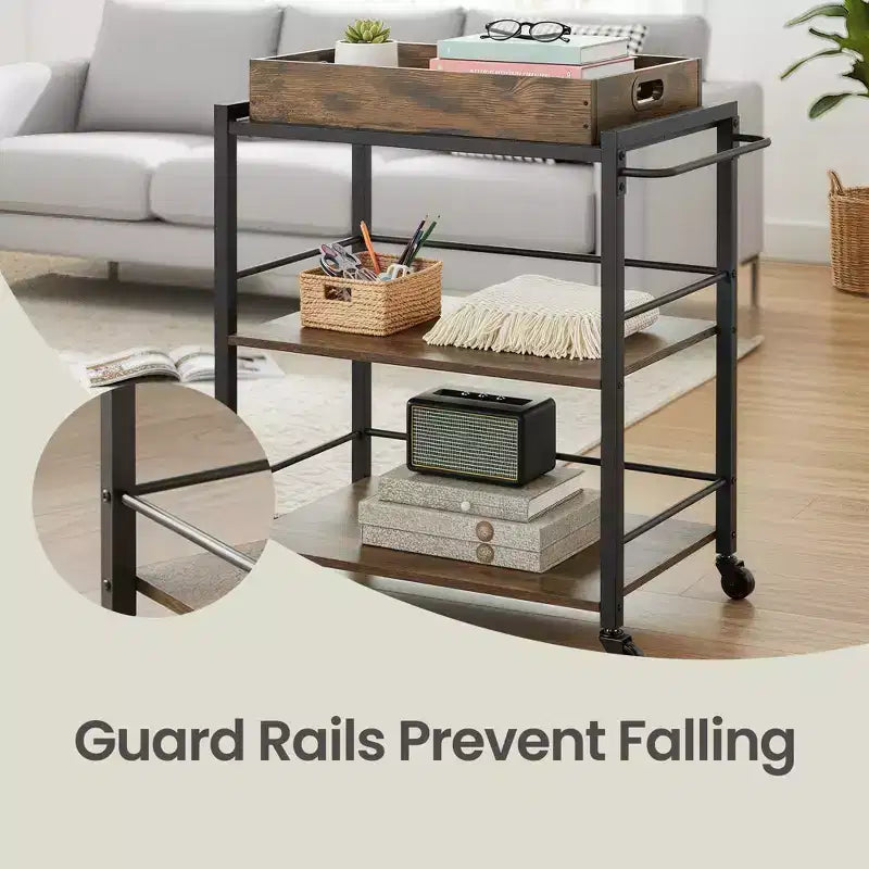 Chariot de bar à 3 niveaux, chariot de service avec roues et poignée, chariot à boissons. Chariot de cuisine avec plateau amovible.