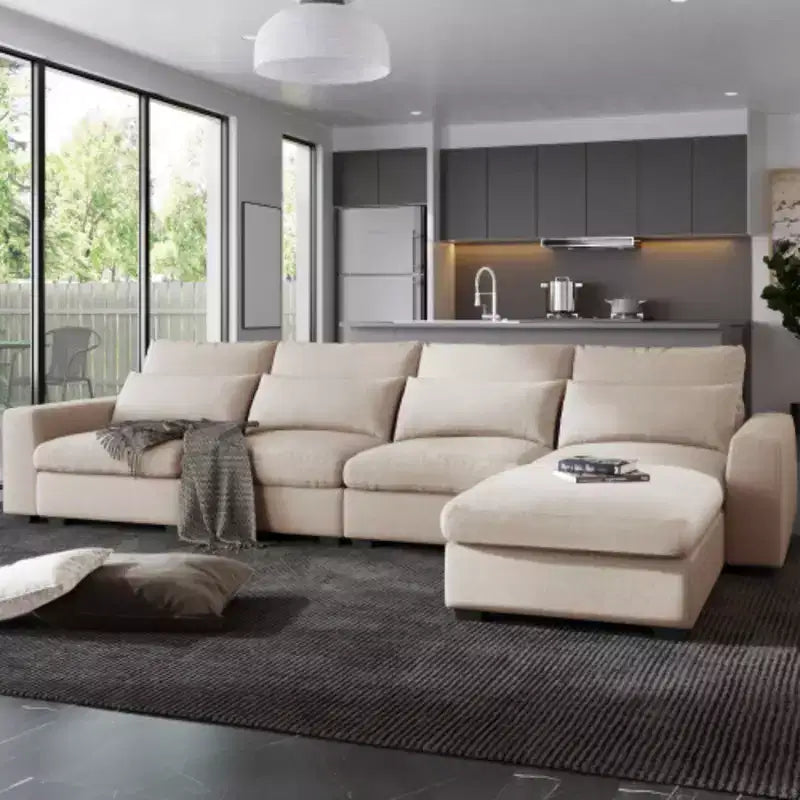 Grand canapé sectionnel moderne en forme de L garni de plumes, canapé convertible avec méridienne réversible pour salon