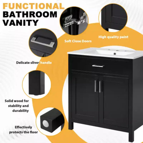 Meuble sous-vasque de salle de bain de 76 cm avec lavabo en céramique, petite vanité de salle de bain