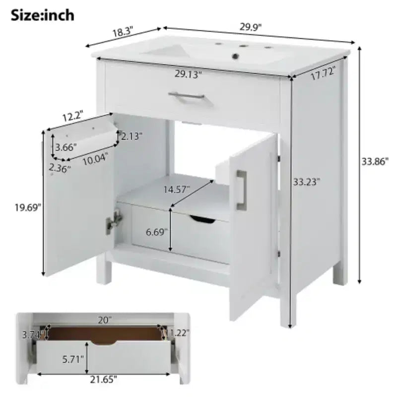 Meuble sous-vasque de salle de bain de 76 cm avec lavabo en céramique, petite vanité de salle de bain