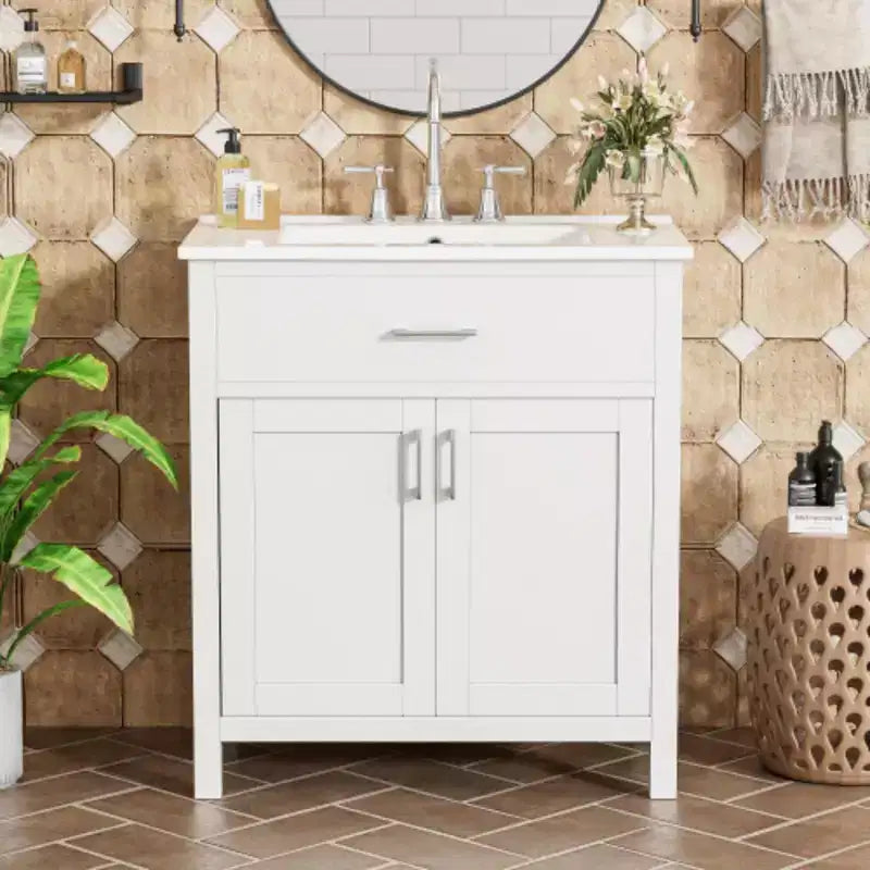 Meuble sous-vasque de salle de bain de 76 cm avec lavabo en céramique, petite vanité de salle de bain