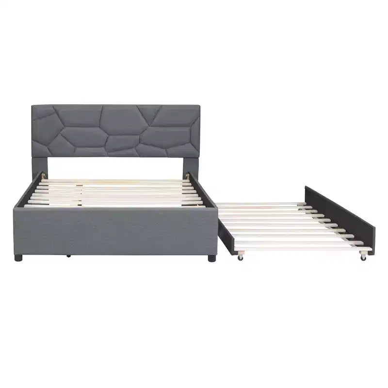 Lit capitonné en lin de luxe avec tête de lit en briques élégante et lit gigogne double XL - L'essentiel de la chambre à coucher de rêve