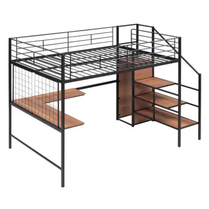 Lit mezzanine métallique pleine grandeur avec bureau et grille métallique, lit élégant à cadre métallique avec échelle de rangement latérale et armoire, noir