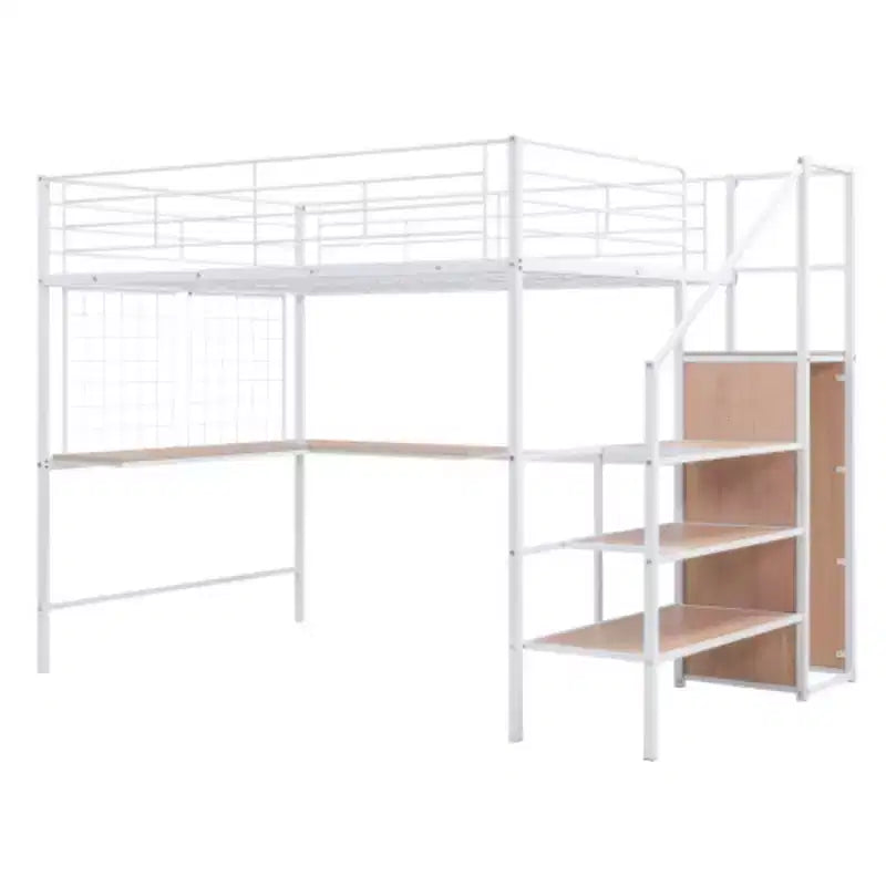 Lit mezzanine métallique pleine grandeur avec bureau et grille métallique, lit élégant à cadre métallique avec échelle de rangement latérale et armoire, noir