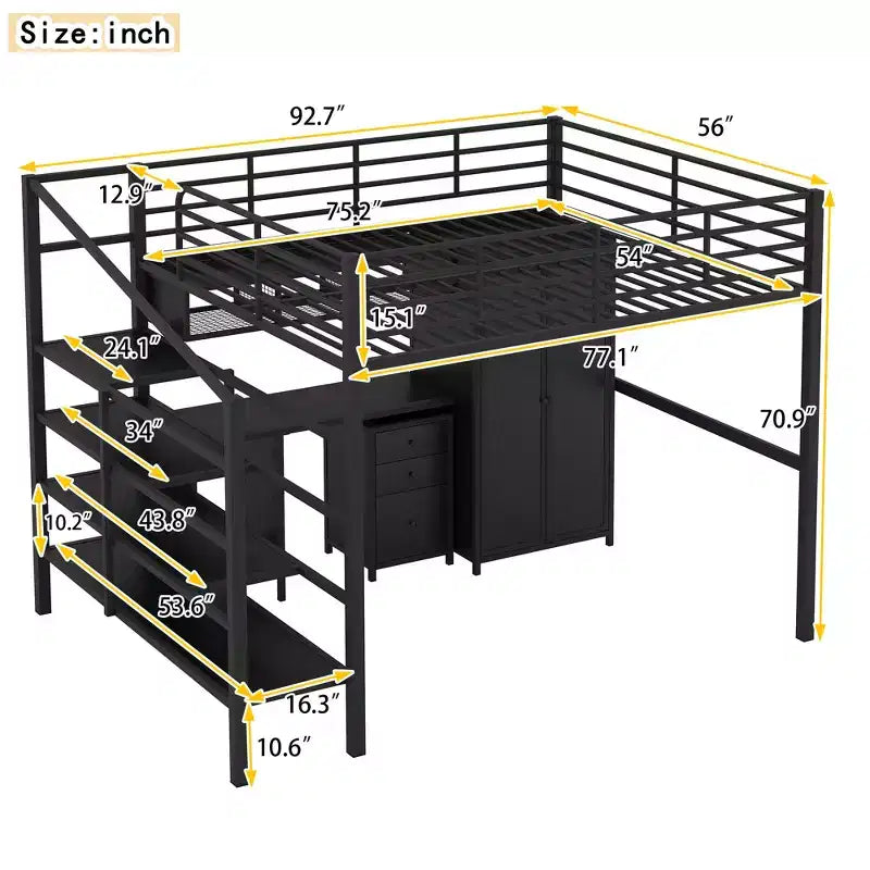 Lit mezzanine Whisen 56''L x 92.7''W de conception moderne avec cadre en métal, taille standard, avec bureau et armoire