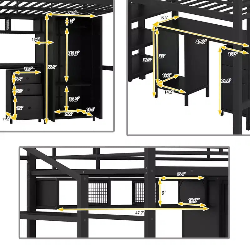 Lit mezzanine Whisen 56''L x 92.7''W de conception moderne avec cadre en métal, taille standard, avec bureau et armoire