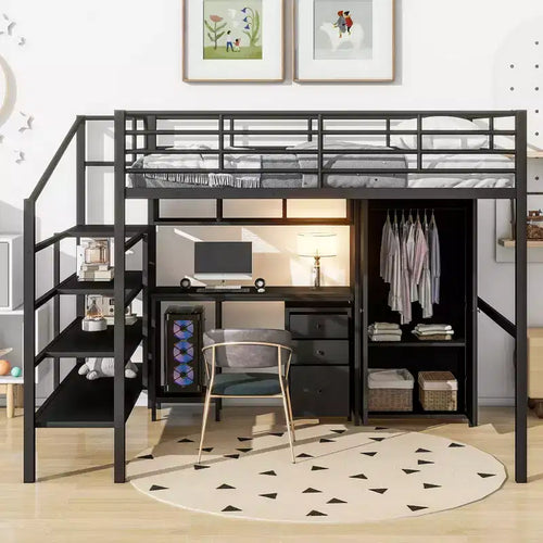 Lit mezzanine double avec bureau et armoire, design moderne, cadre métallique, 56 po L x 92,7 po l