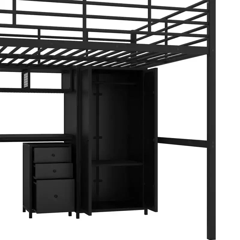 Lit mezzanine Whisen 56''L x 92.7''W de conception moderne avec cadre en métal, taille standard, avec bureau et armoire
