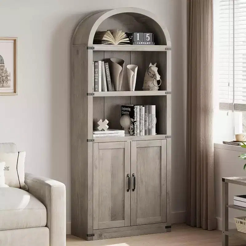 Étagère arquée à 5 niveaux avec portes, haute bibliothèque de style rustique, meuble de rangement et de présentation en bois pour bureau à domicile, salon