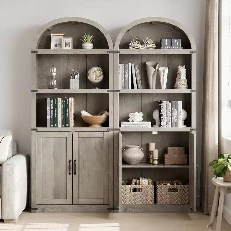 Étagère arquée à 5 niveaux avec portes, haute bibliothèque de style rustique, meuble de rangement et de présentation en bois pour bureau à domicile, salon