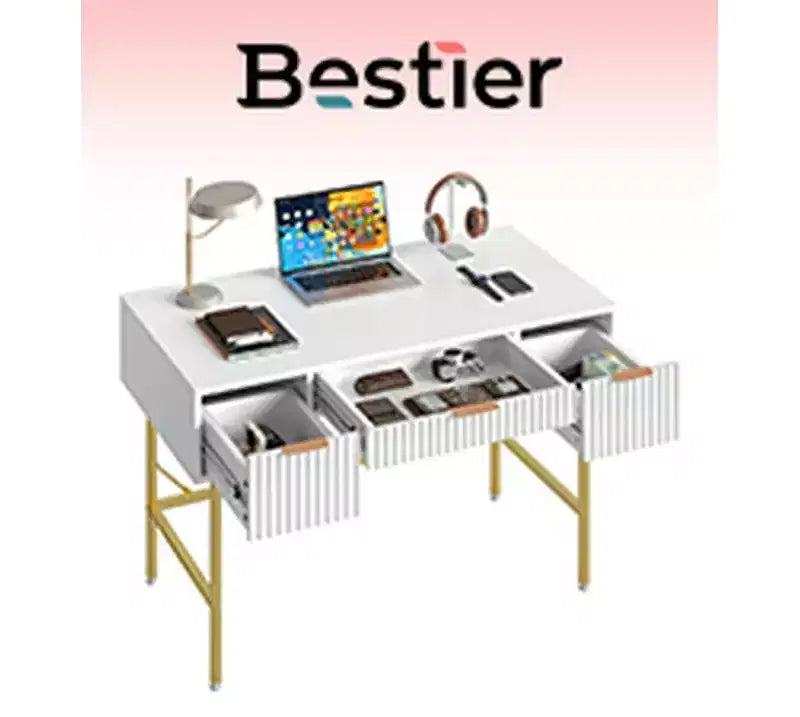 Bestier Bureau d'écriture informatique cannelé de 120 cm avec rangement pour bureau à domicile, coiffeuse cannelée avec 3 tiroirs et pieds dorés, blanc