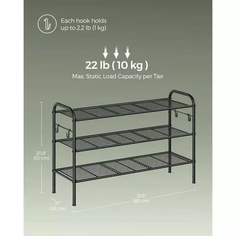 SONGMICS Étagère à chaussures, Organiseur à chaussures à 3 niveaux, Rangement à chaussures en métal avec 4 crochets latéraux, Peut contenir 15 paires de chaussures, Étagère à chaussures réglable en hauteur, Noir encre