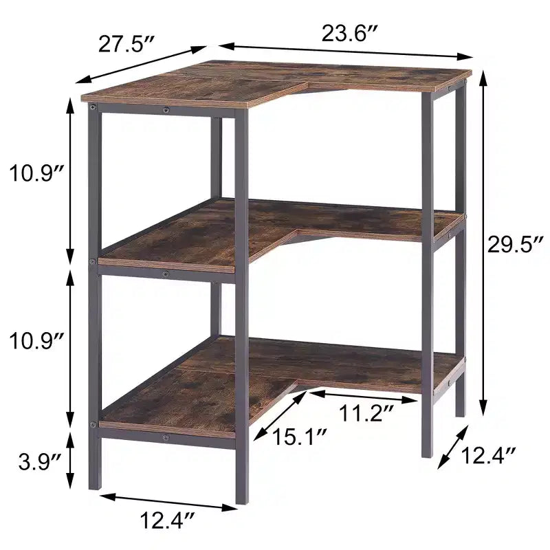 Table d'angle à étagères ouvertes à 3 niveaux, étagère de rangement polyvalente pour petit espace ou salon, marron/gris
