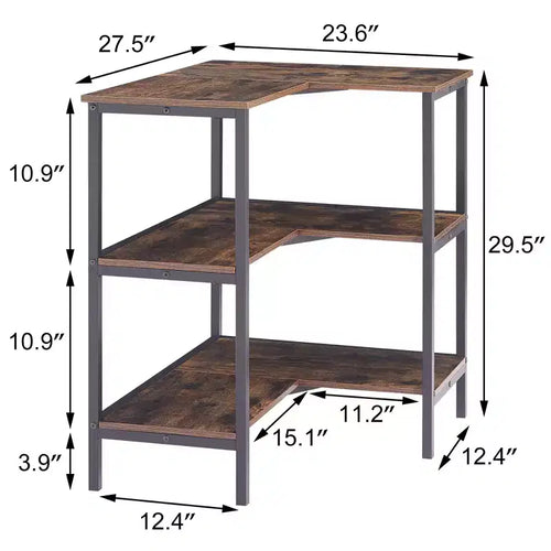 Table d'angle à étagères ouvertes à 3 niveaux, étagère de rangement polyvalente pour petit espace ou salon, marron/gris