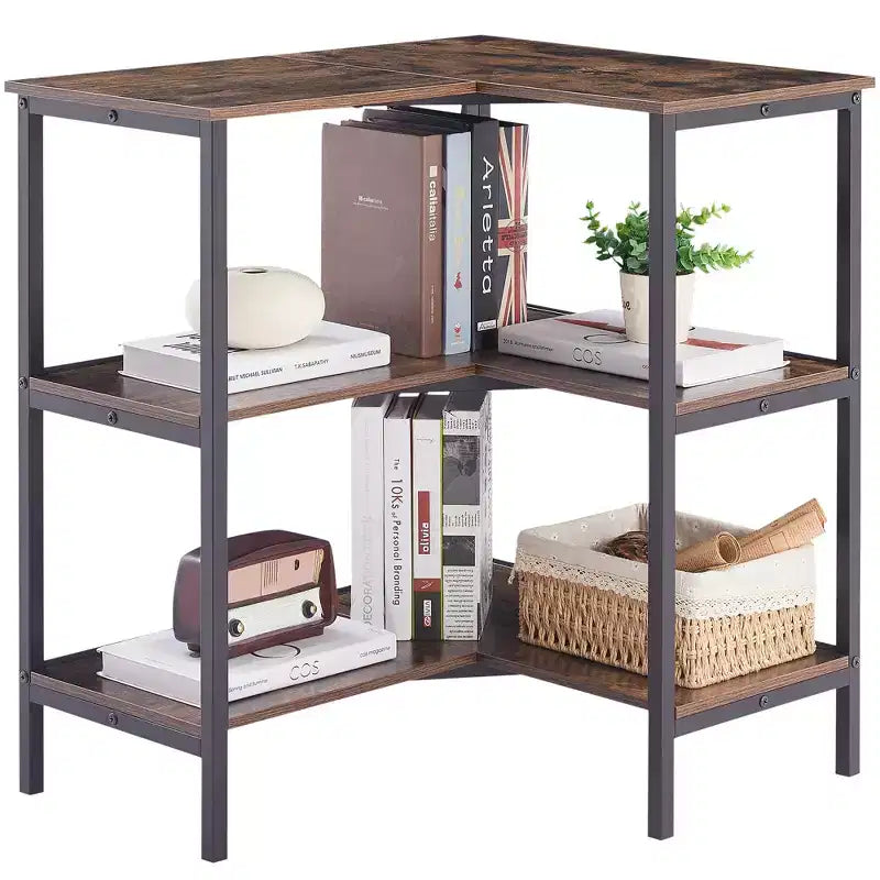 Table d'angle à étagères ouvertes à 3 niveaux, étagère de rangement polyvalente pour petit espace ou salon, marron/gris