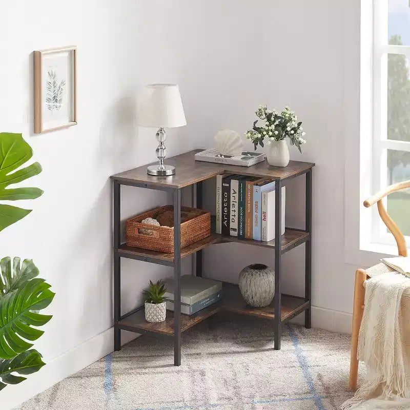 Table d'angle à étagères ouvertes à 3 niveaux, étagère de rangement polyvalente pour petit espace ou salon, marron/gris