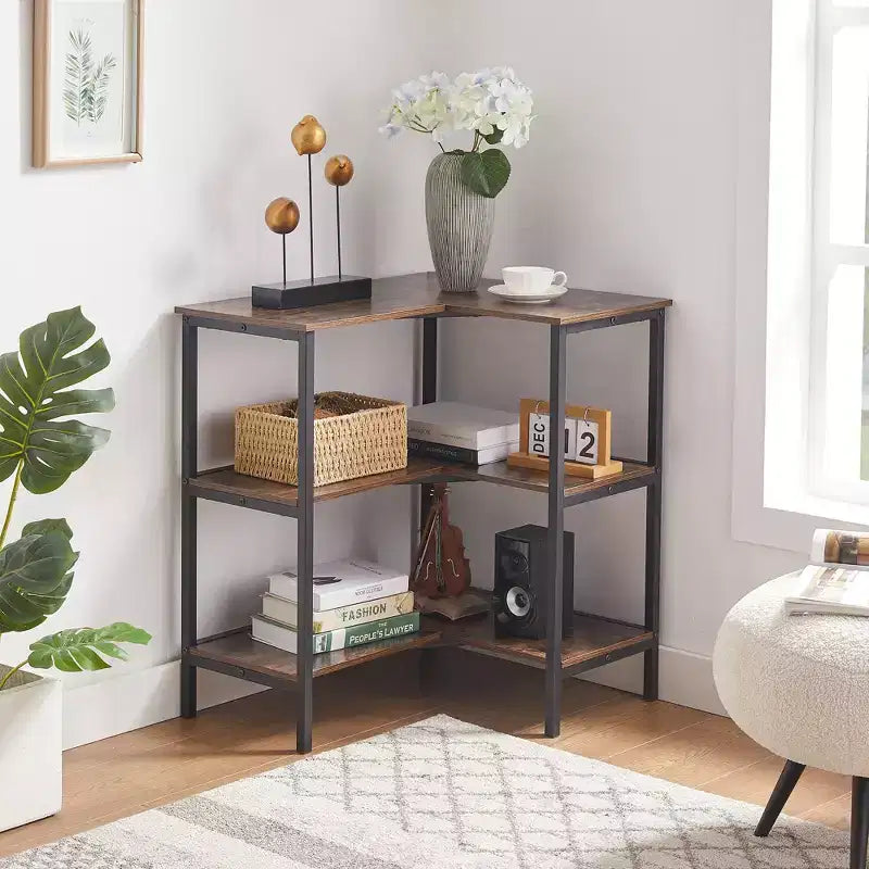 Table d'angle à étagères ouvertes à 3 niveaux, étagère de rangement polyvalente pour petit espace ou salon, marron/gris