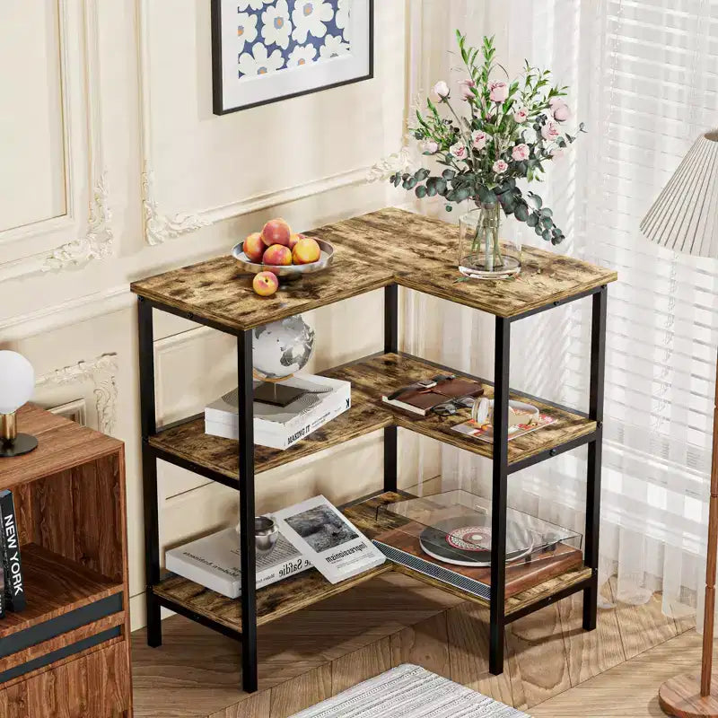 Table d'angle à étagères ouvertes à 3 niveaux, étagère de rangement polyvalente pour petit espace ou salon, marron/gris