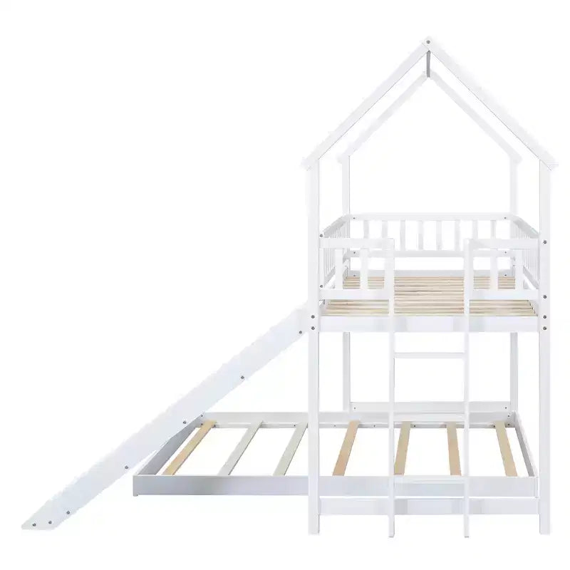 Lit superposé cabane Whisen House Design avec toboggan et échelle intégrée, couchage double sur lit double
