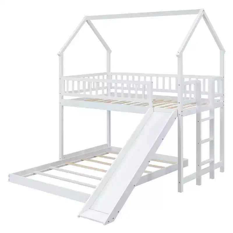 Lit superposé cabane Whisen House Design avec toboggan et échelle intégrée, couchage double sur lit double