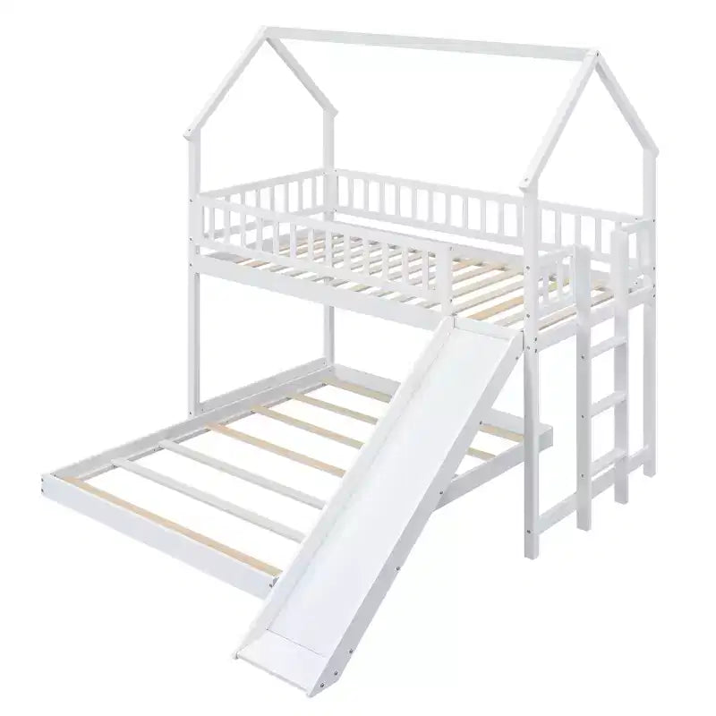 Lit superposé cabane Whisen House Design avec toboggan et échelle intégrée, couchage double sur lit double
