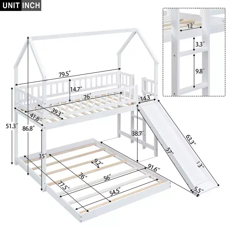 Lit superposé cabane Whisen House Design avec toboggan et échelle intégrée, couchage double sur lit double