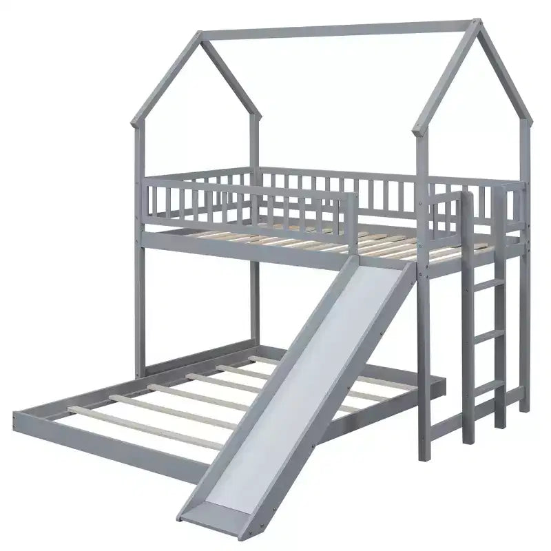 Lit superposé cabane Whisen House Design avec toboggan et échelle intégrée, couchage double sur lit double