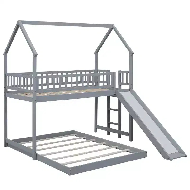 Lit superposé cabane Whisen House Design avec toboggan et échelle intégrée, couchage double sur lit double