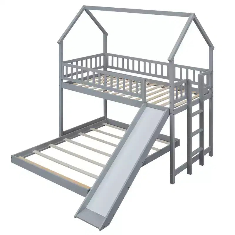 Lit superposé cabane Whisen House Design avec toboggan et échelle intégrée, couchage double sur lit double