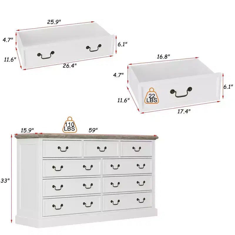 Commode de rangement Famapy Blanche à 9 Tiroirs : Design Élégant avec Poignées en Laiton Antique et Plateau Rustique pour un Attrait Particulier