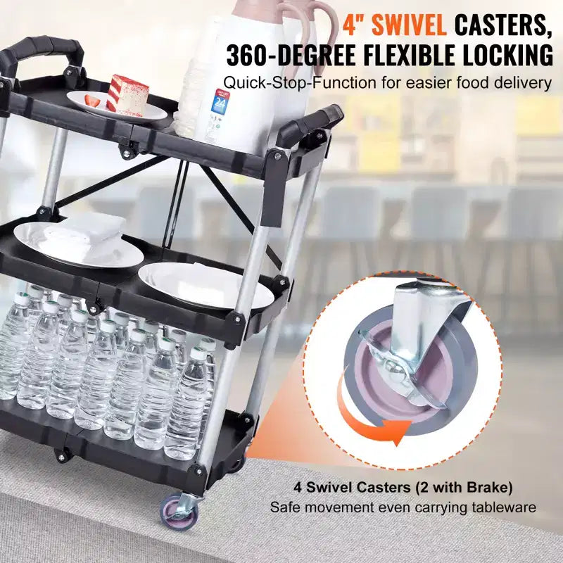 Chariot de service pliable VEVOR, chariot roulant en plastique robuste à 3 étagères de 75 kg, chariot à outils portable pour entrepôt/bureau/maison