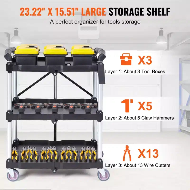 Chariot de service pliable VEVOR, chariot roulant en plastique robuste à 3 étagères de 75 kg, chariot à outils portable pour entrepôt/bureau/maison