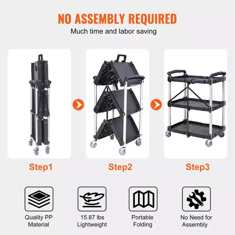 Chariot de service pliable VEVOR, chariot roulant en plastique robuste à 3 étagères de 75 kg, chariot à outils portable pour entrepôt/bureau/maison