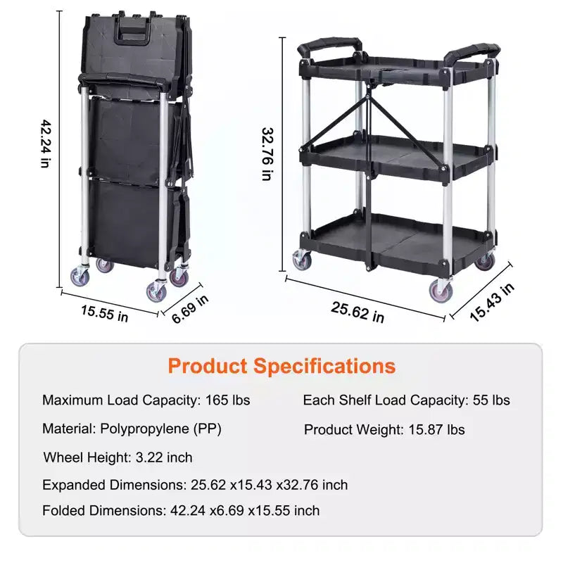 Chariot de service pliable VEVOR, chariot roulant en plastique robuste à 3 étagères de 75 kg, chariot à outils portable pour entrepôt/bureau/maison
