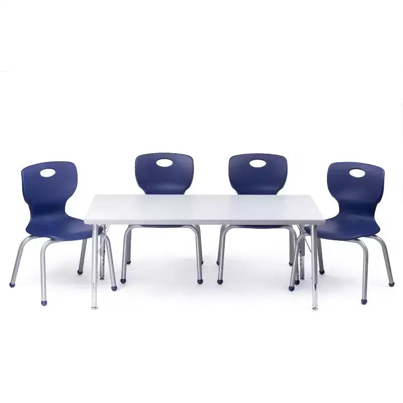 Ensemble table et chaises d'activités Bintiva - Table 24x48 à bord gris pulvérisé avec pieds réglables et 4 chaises de classe bleues 12 NAAR