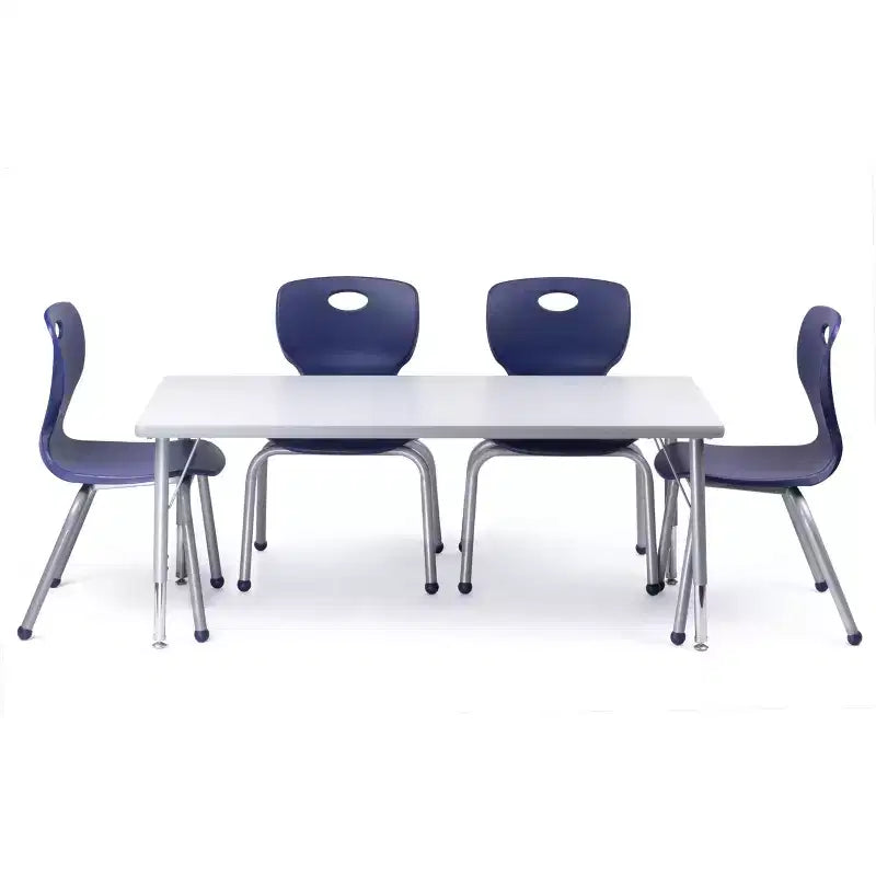 Ensemble table et chaises d'activités Bintiva - Table 24x48 à bord gris pulvérisé avec pieds réglables et 4 chaises de classe bleues 12 NAAR