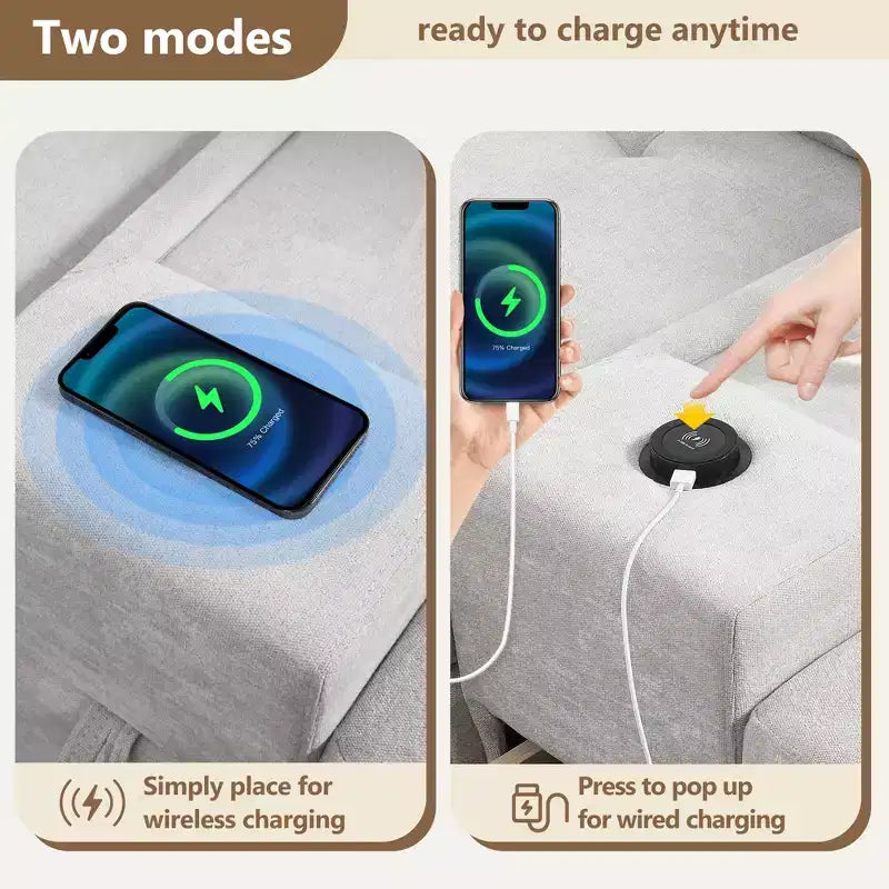 Canapé d'angle en U Whisen Chenille avec 2 consoles, chargeur USB, tiroirs et poches de rangement et pouf mobile