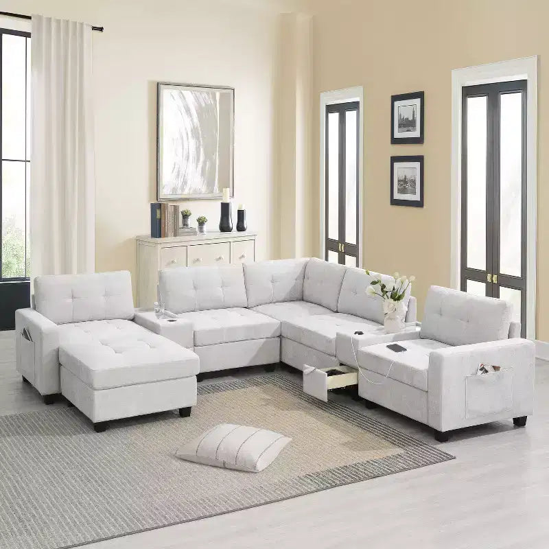 Canapé d'angle en chenille en forme de U avec 2 consoles, chargeur USB, tiroirs et poches de rangement et pouf mobile