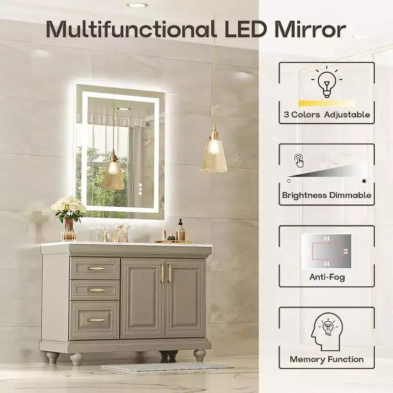 Miroir LED de salle de bain avec fonction anti-buée, 3 couleurs dimmables, fonction mémoire, verre trempé, certifié ETL, mural