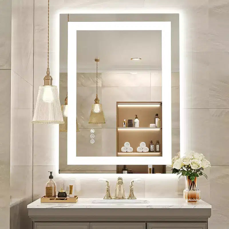Miroir LED de salle de bain avec fonction anti-buée, 3 couleurs dimmables, fonction mémoire, verre trempé, certifié ETL, mural