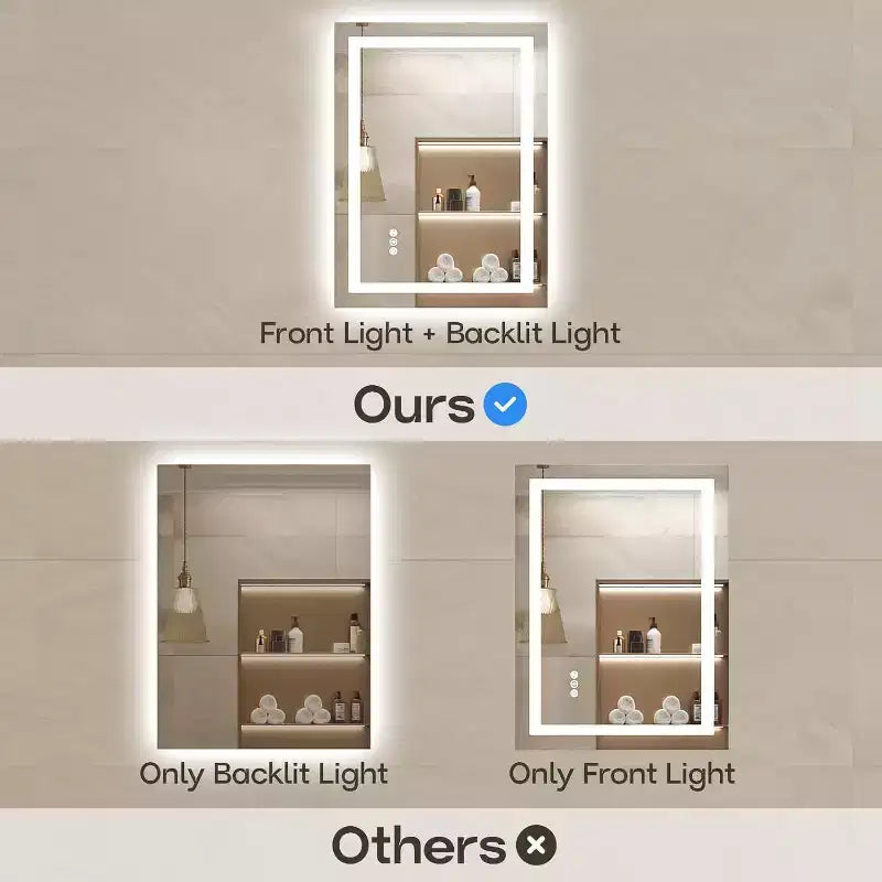 Miroir LED de salle de bain avec fonction anti-buée, 3 couleurs dimmables, fonction mémoire, verre trempé, certifié ETL, mural