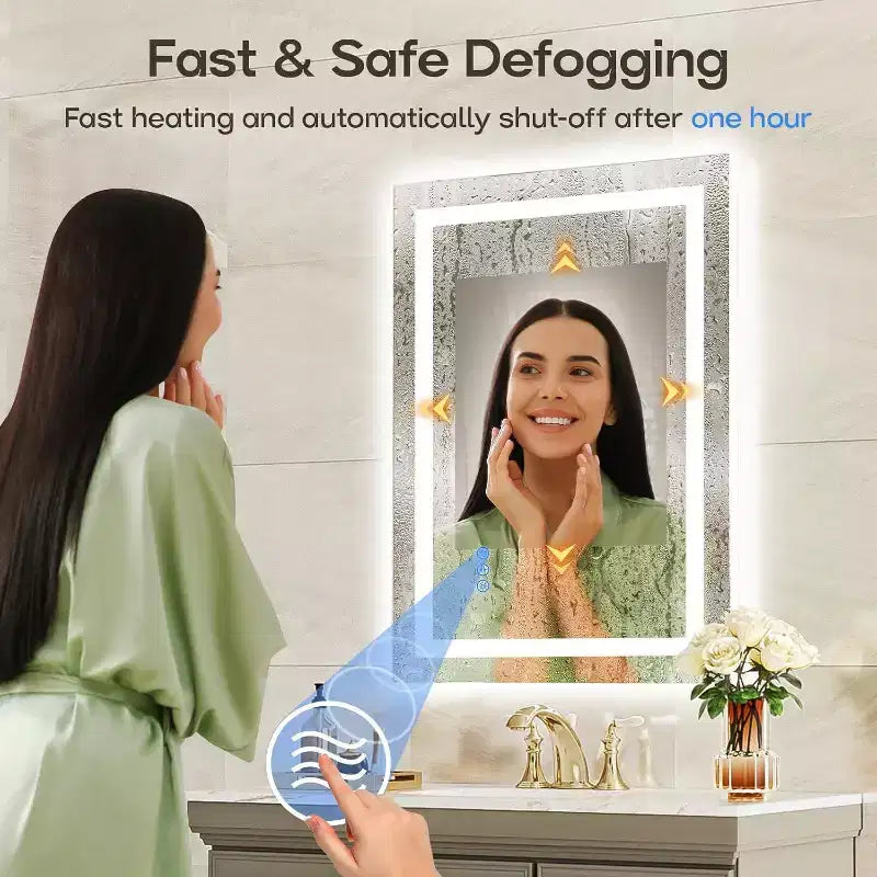 Miroir LED de salle de bain avec fonction anti-buée, 3 couleurs dimmables, fonction mémoire, verre trempé, certifié ETL, mural