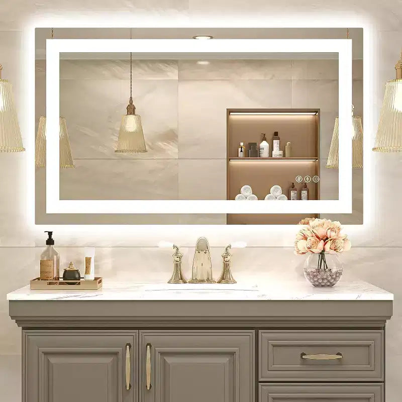 Miroir LED de salle de bain avec fonction anti-buée, 3 couleurs dimmables, fonction mémoire, verre trempé, certifié ETL, mural