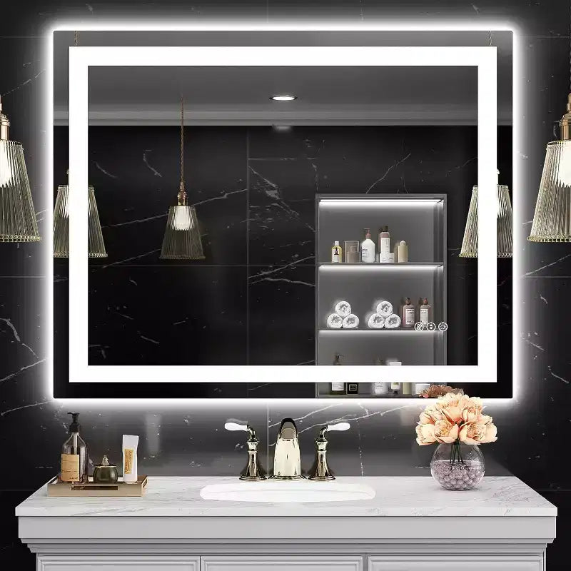 Miroir LED de salle de bain avec fonction anti-buée, 3 couleurs dimmables, fonction mémoire, verre trempé, certifié ETL, mural